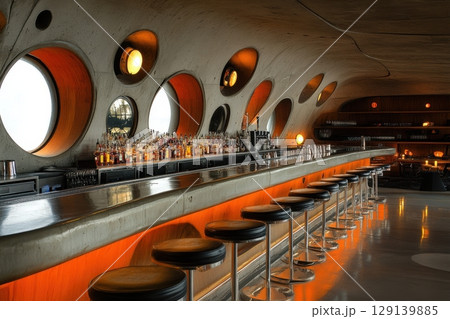 A bar with a lot of stools and a lot of liquor 129139885