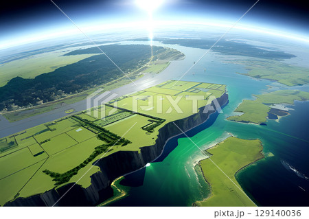 ゲーム背景　飛空艇から見た新しい国への入り口地図風パノラマ背景 129140036