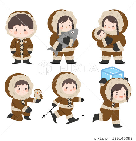 Cartoon Eskimo Character Illustrations set 129140092