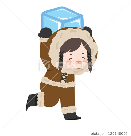 Cartoon Girl Carrying Large Ice Cube 129140093