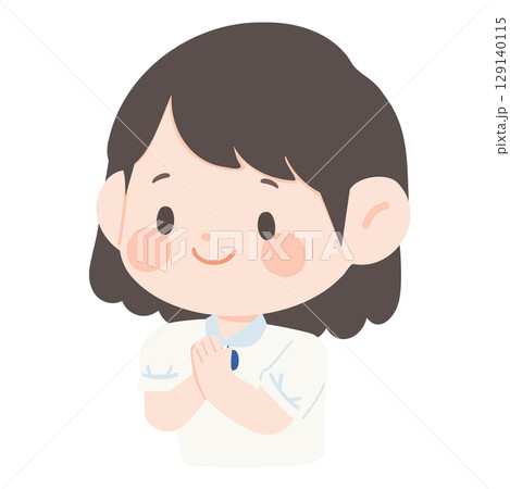 Cartoon Illustration of Woman Giving Wai Greeting Cartoon Illustration of Woman Giving Wai Greeting 129140115