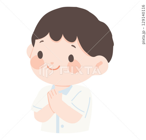 Cartoon Illustration of Boy with Greeting Gesture Cartoon Illustration of Boy with Greeting Gesture 129140116