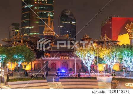 Aerial view of Jing'an temple with light up on tree at night, Shanghai Aerial view of Jing'an temple with light up on tree at night, Shanghai 129140173
