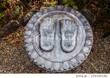 Buddha footprint sculpture in Hase dera temple in autumn, Sakurai, Nara Buddha footprint sculpture in Hase dera temple in autumn, Sakurai, Nara 129140186