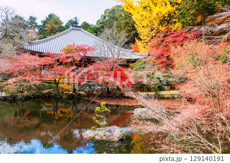 Daigo-ji temple with colorful autumn leaf by lake, Kyoto, Japan 129140191