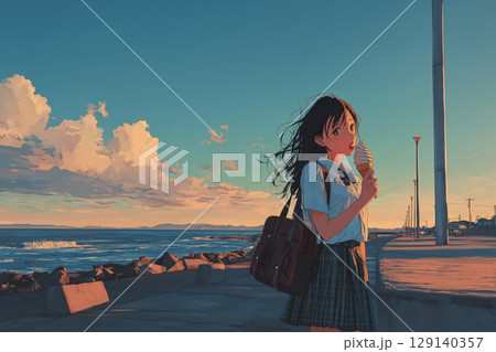 夏の海辺を歩く女子高生のアニメ風イラスト|青空と波しぶきが爽やかな青春の一瞬 夏の海辺を歩く女子高生のアニメ風イラスト|青空と波しぶきが爽やかな青春の一瞬 129140357