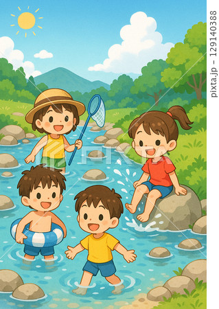 川遊びしている子供たち 川遊びしている子供たち 129140388