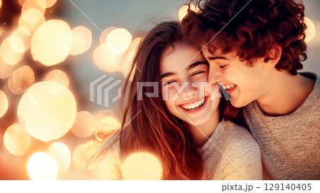 Happy couple laughing together with festive holiday seasonal Christmas New Year lights vibe in background, creating joyful and warm atmosphere. Their smiles radiate love and connection 129140405