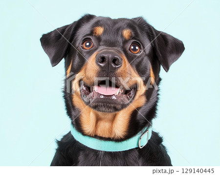 Happy Rottweiler dog with bright smile and turquoise collar against light blue background, showcasing its friendly and playful nature 129140445