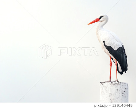 majestic stork stands gracefully on white post, showcasing its striking black and white feathers and vibrant orange beak against soft, neutral background 129140449