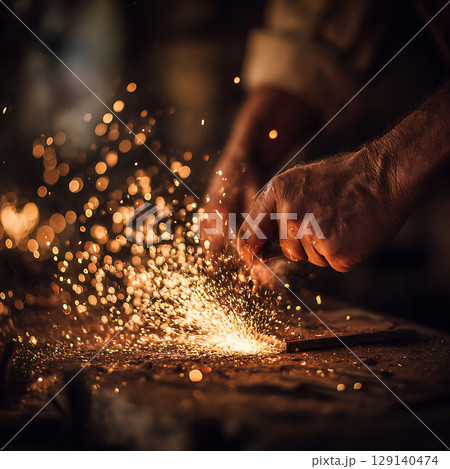職人が金属加工中に飛び散る火花の瞬間 職人が金属加工中に飛び散る火花の瞬間 129140474