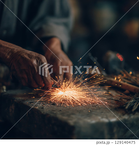 職人が金属加工中に飛び散る火花の瞬間 129140475