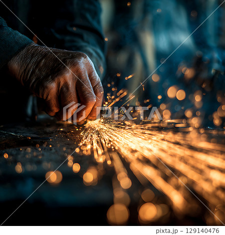職人が金属加工中に飛び散る火花の瞬間 129140476