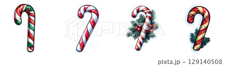 Festive candy canes in various designs, showcasing classic red and white stripes, holiday decorations, and vibrant colors. Perfect for adding cheerful touch to Christmas celebrations 129140508
