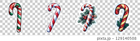 Festive candy canes in various designs, showcasing classic red and white stripes, holiday decorations, and vibrant colors. Perfect for adding cheerful touch to Christmas celebrations 129140508