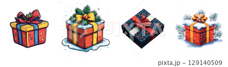 Festive and colorful Christmas gift boxes adorned with ribbons and bows, surrounded by snowflakes, evoke joyful holiday spirit. Perfect for seasonal decorations and celebrations Festive and colorful Christmas gift boxes adorned with ribbons and bows, surrounded by snowflakes, evoke joyful holiday spirit. Perfect for seasonal decorations and celebrations 129140509