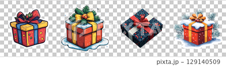 Festive and colorful Christmas gift boxes adorned with ribbons and bows, surrounded by snowflakes, evoke joyful holiday spirit. Perfect for seasonal decorations and celebrations Festive and colorful Christmas gift boxes adorned with ribbons and bows, surrounded by snowflakes, evoke joyful holiday spirit. Perfect for seasonal decorations and celebrations 129140509