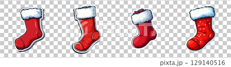 Festive red Christmas stockings with white fur trim, perfect for holiday decorations. These cheerful stockings add joyful touch to any Christmas setting 129140516
