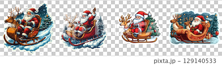 Festive Santa Claus illustrations featuring jolly Santa riding sleigh with reindeer through snowy landscapes, spreading holiday cheer and joy. Perfect for Christmas themes 129140533