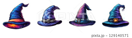 Magical wizard hats in various colors and designs, featuring starry patterns and unique buckles, perfect for Halloween or fantasy themes 129140571