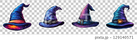 Magical wizard hats in various colors and designs, featuring starry patterns and unique buckles, perfect for Halloween or fantasy themes 129140571