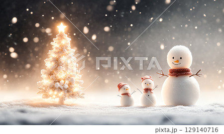 Children building snowman next to lit up Christmas tree in New Year holiday seasonal festival winter vibe, creating joyful happiness winter scene filled with snowflakes and festive spirit Children building snowman next to lit up Christmas tree in New Year holiday seasonal festival winter vibe, creating joyful happiness winter scene filled with snowflakes and festive spirit 129140716
