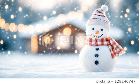 cheerful snowman wearing striped hat and scarf stands in snowy landscape, with cozy cabin in background. scene is filled with soft, glowing lights and falling snowflakes, creating magical winter cheerful snowman wearing striped hat and scarf stands in snowy landscape, with cozy cabin in background. scene is filled with soft, glowing lights and falling snowflakes, creating magical winter 129140747