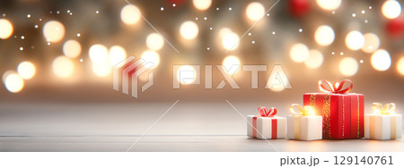 Christmas presents gifts wrapped in festive paper with red ribbons in Christmas, creating joyful New Year holiday atmosphere with soft bokeh lights in background 129140761