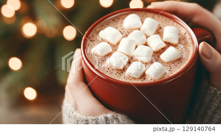 Warm hands wrapped around cozy mug of hot cocoa topped with marshmallows, set against festive, blurred background of twinkling lights in winter Christmas New Year celebration 129140764