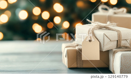 Beautifully wrapped gifts with personalized tags beneath decorated Christmas tree, creating warm and festive atmosphere in New Year winter holiday seasonal celebration 129140779