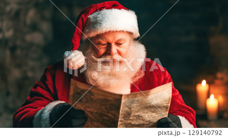 Santa reading map by candlelight in his...のイラスト素材 [129140792] - PIXTA