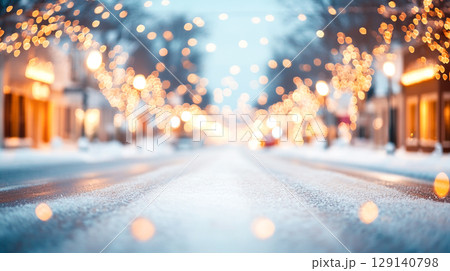 snow covered street lined with holiday lights creates magical atmosphere. soft glow of lights reflects on snowy ground, inviting warmth and joy in Christmas New Year winter holiday seasonal 129140798