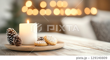 cozy holiday scene featuring lit candle, festive cookies, and pine cones on wooden table, creating warm and inviting atmosphere 129140809