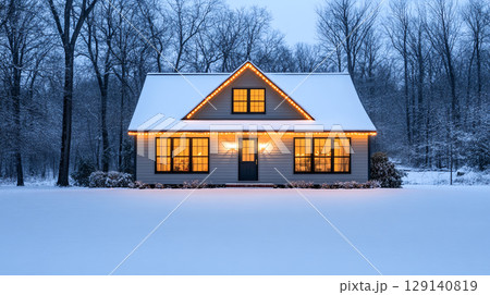cozy winter cabin glowing with warm lights, surrounded by snow covered trees, creating serene and inviting atmosphere 129140819