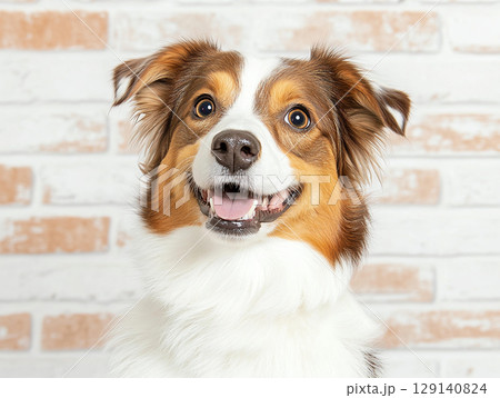 happy shepherd dog with bright smile against brick wall background. This friendly canine exudes joy and warmth, making it perfect companion 129140824