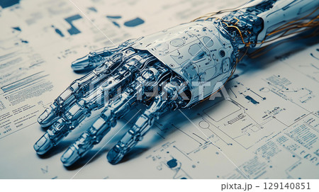 detailed close up of robotic hand showcasing intricate mechanical joints and components, set against blueprint background highlights advanced technology and engineering artificial intelligence 129140851