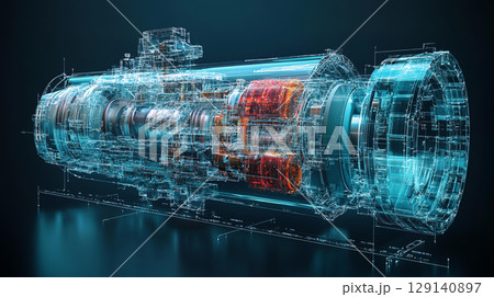 Futuristic mechanical engine core 3D model design with intricate details and glowing elements, showcasing advanced technology and engineering architecture manufacturing 129140897