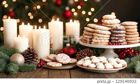 Delightful holiday scene featuring table adorned with cookies, candles, and pine cones, creating warm and festive atmosphere 129140932