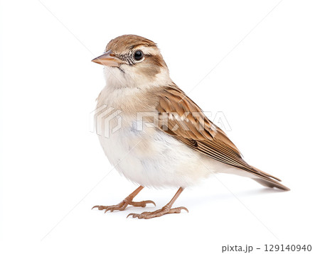 small, brown bird with white belly and delicate features stands on white background, showcasing its natural beauty and charm 129140940