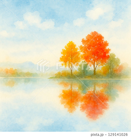 青空と紅葉が映える湖畔の風景（水彩） 129141026
