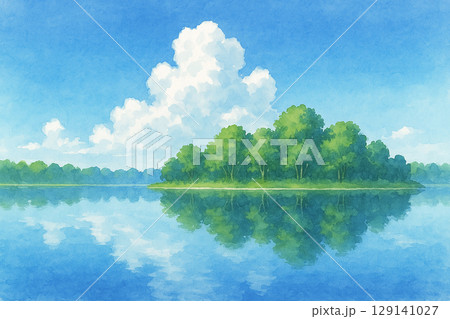 青空と新緑の湖畔風景（水彩イラスト） 129141027