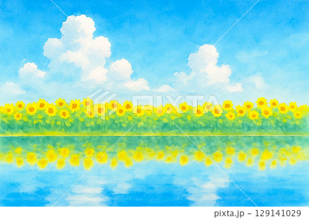 向日葵と夏の青空と湖(水彩風) 向日葵と夏の青空と湖(水彩風) 129141029