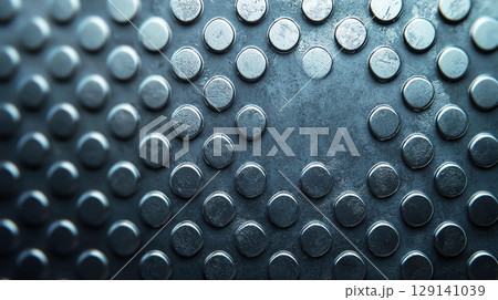 Abstract background Metallic surface with brushed texture and reflective circular patterns, creating modern and industrial feel. Ideal for backgrounds or design elements 129141039