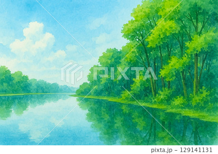 緑深い森と川辺の夏風景（水彩） 129141131