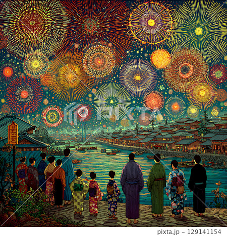 浮世絵風のイラストで描かれた日本の花火大会と川沿いの風景 129141154