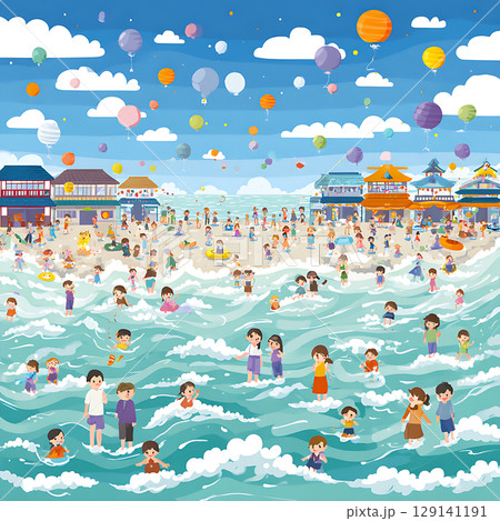 夏の海辺で遊ぶ子供たちと家族の水彩風イラスト 129141191