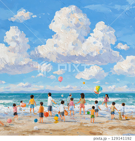 夏の海辺で遊ぶ子供たちと家族の水彩風イラスト 129141192
