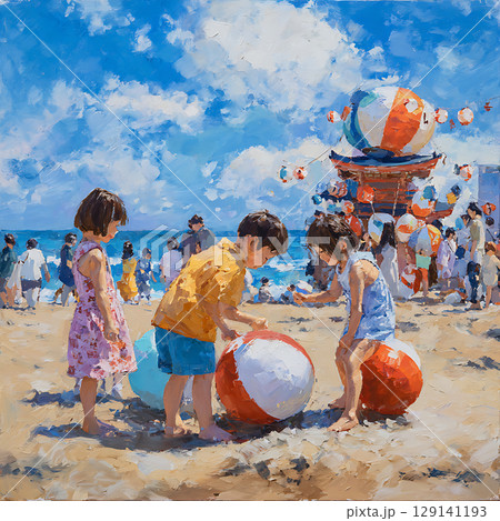 夏の海辺で遊ぶ子供たちと家族の水彩風イラスト 129141193