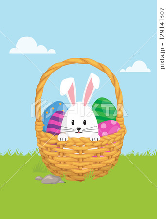 Easter bunny looking out from behind a basket stock illustration 129141307