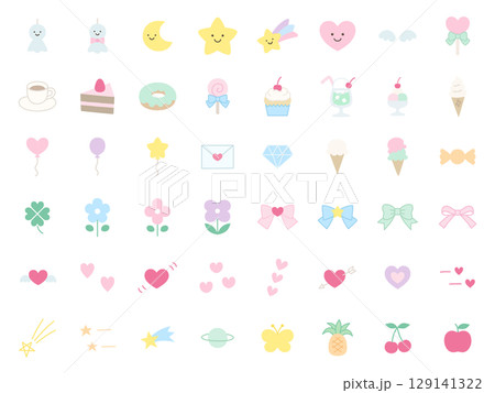 かわいいアイコンセットのベクターイラスト。飾り、ハート、お菓子、星、リボン 129141322